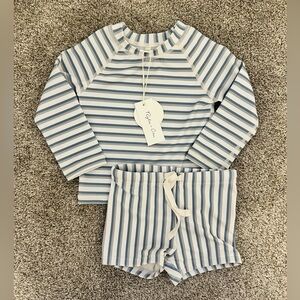 Rylee + Cru Blue and White Striped Kids Rashguard Set